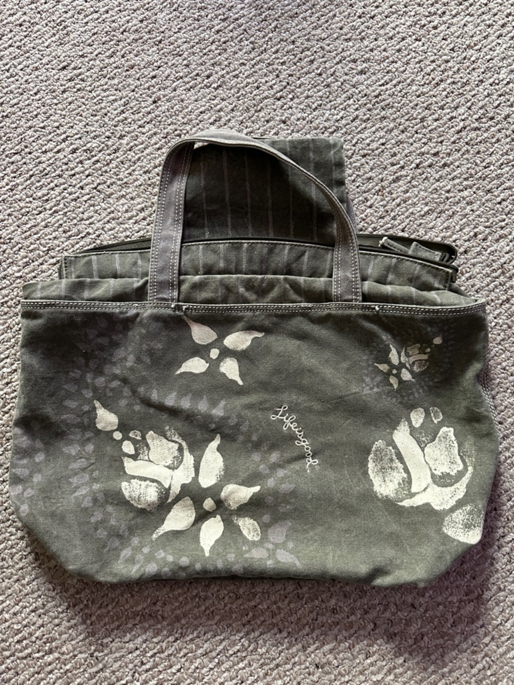 Life Is Good Olive Green Canvas Tote with White Floral Print